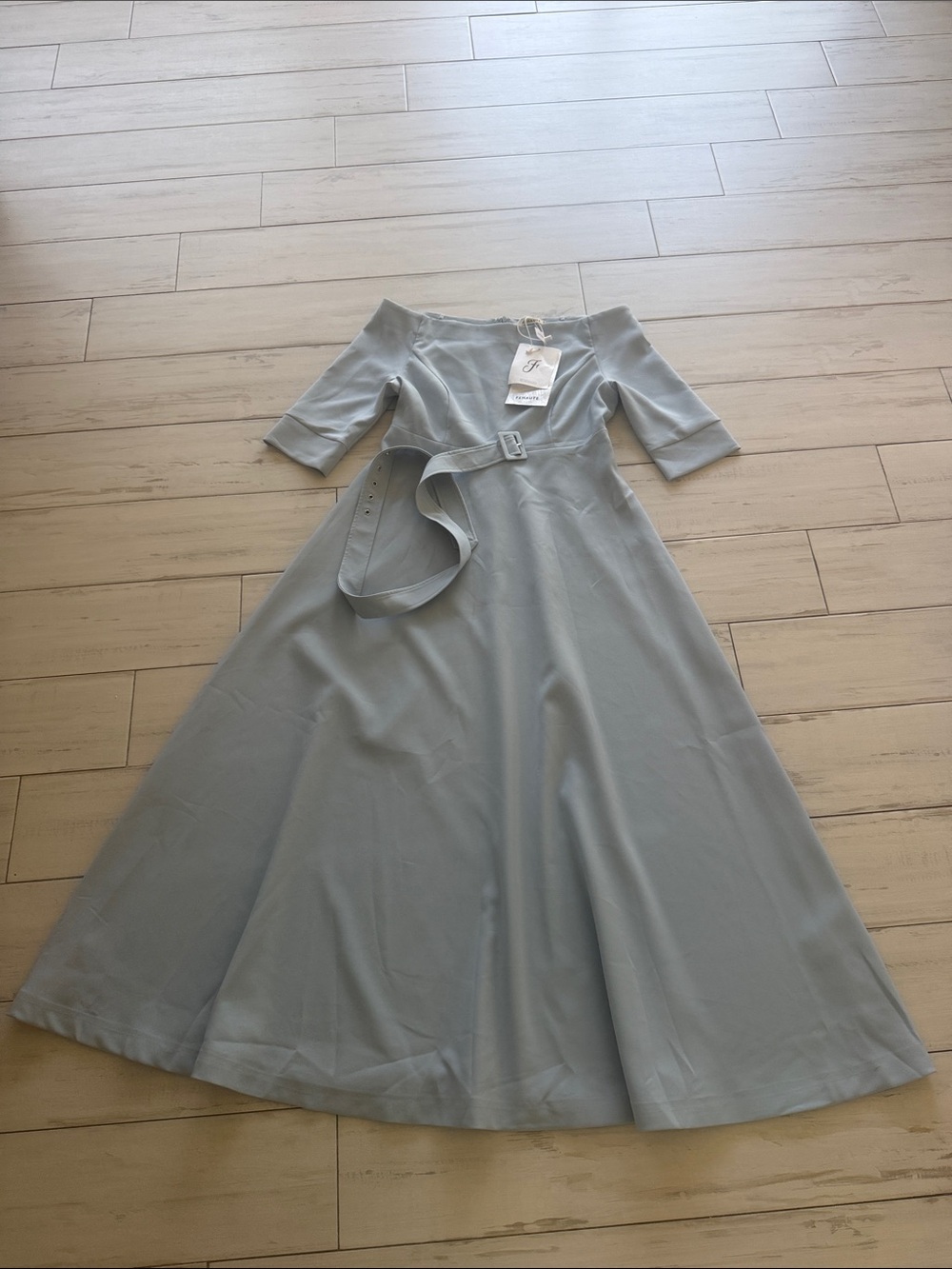 Off-Shoulder Light Blue Midi Dress with Belt